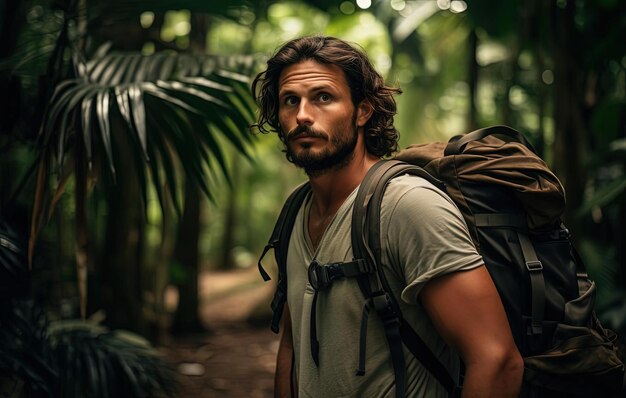 Un turista in vacanza tropicale con uno zaino e una telecamera sull'albero nello stile di natureinspire