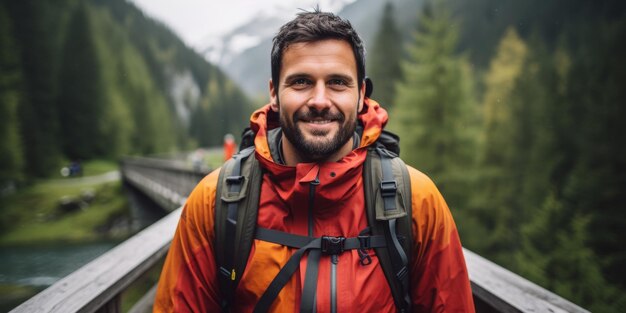 Un turista maschio in piedi su un ponte di montagna nelle Alpi