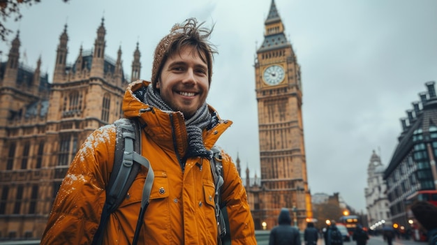 Un turista si fa un selfie con il Big Ben a Londra coperta di neve