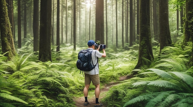 Un turista si trova nel mezzo di una lussureggiante foresta estiva macchina fotografica in mano pronta a scattare una foto