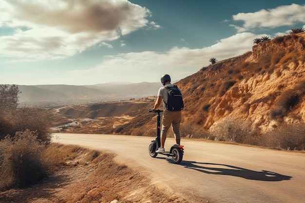 un turista su uno scooter elettrico su una pista lungo una collina