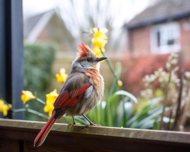 un uccellino con piume rosse e bianche seduto sul davanzale di una finestra
