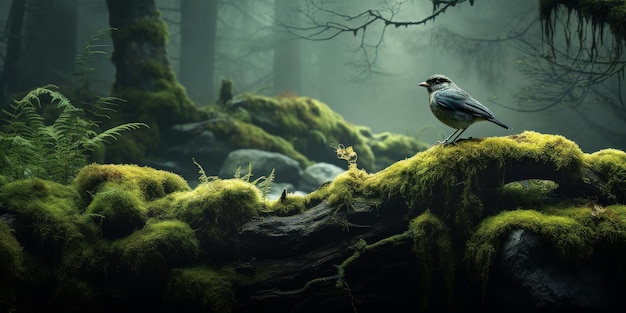Un uccello appoggiato su una roccia coperta di muschio nella foresta