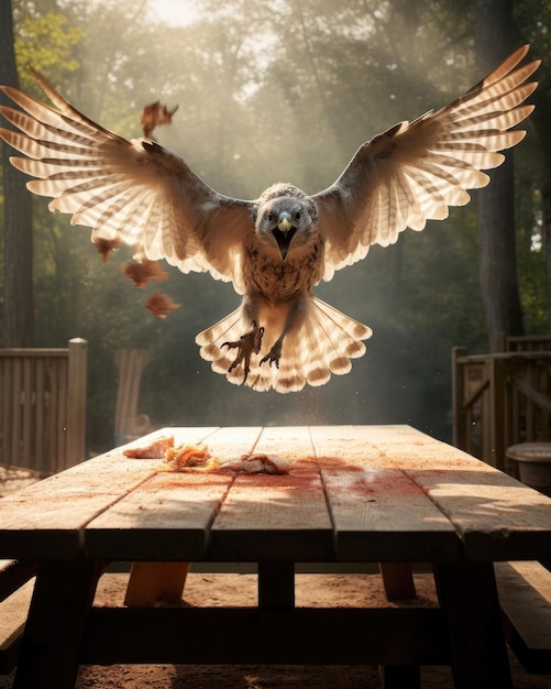 Un uccello atterra su un tavolo da picnic