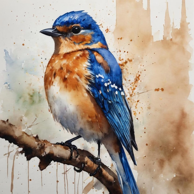 Un uccello azzurro appollaiato su un ramo in un dipinto