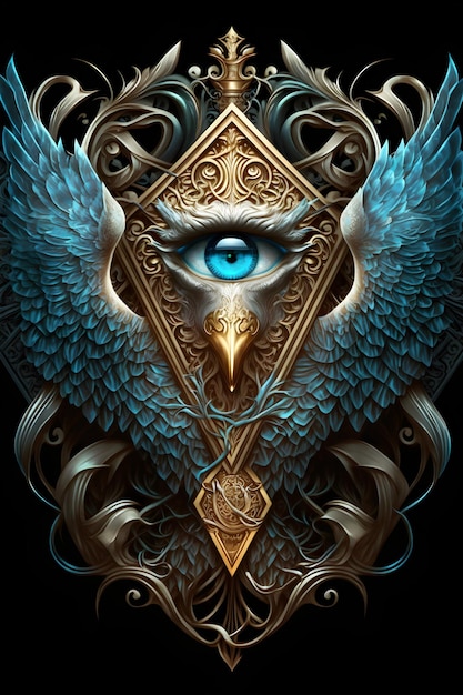 Un uccello azzurro con un occhio azzurro e sopra un'aquila dorata.