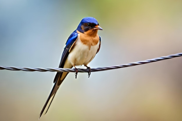 Un uccello azzurro si siede su un filo con uno sfondo sfocato.