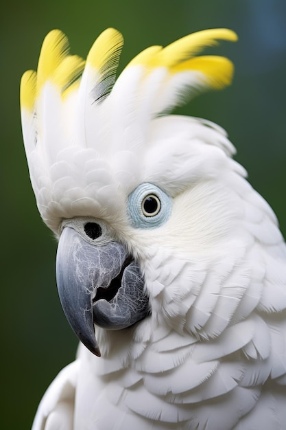 un uccello bianco con piume gialle e blu