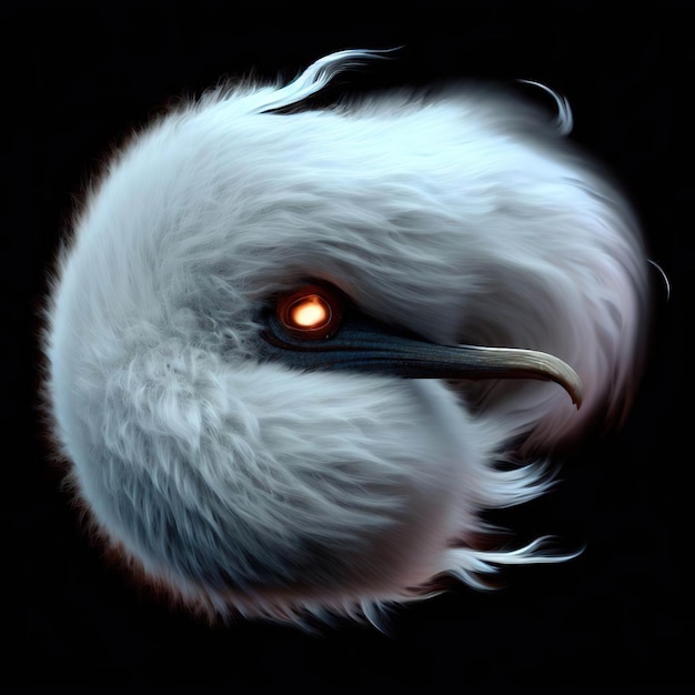 Un uccello bianco con un occhio rosso su uno sfondo nero.