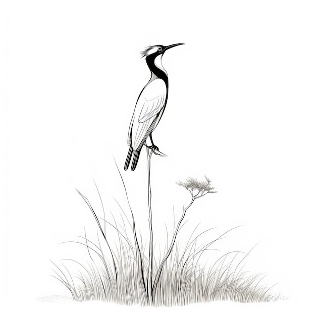 Un uccello bianco e nero che disegna su piante un'opera d'arte delicata e elegante