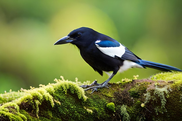 Un uccello bianco e nero con una coda blu si siede su un ramo coperto di muschio.