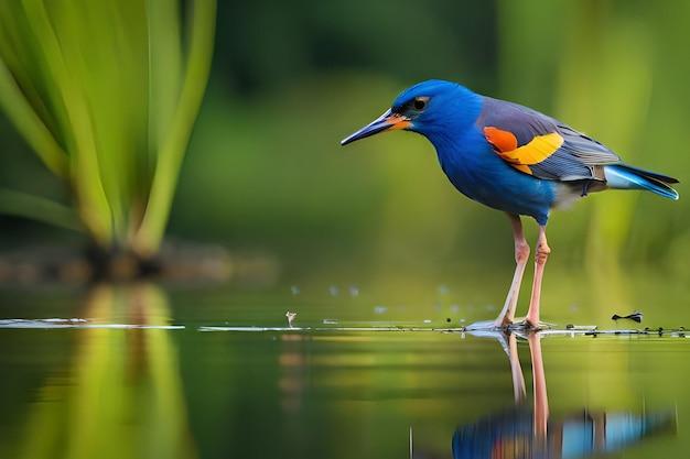 Un uccello blu con ali arancioni e gialle si trova in uno stagno.