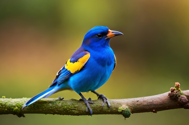 Un uccello blu con una macchia gialla sull'ala si siede su un ramo.