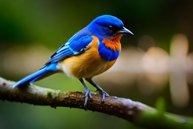 Un uccello blu con una pancia arancione brillante si siede su un ramo.