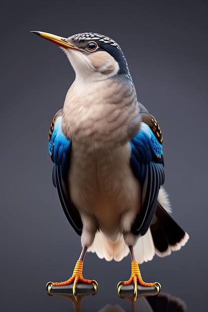 Un uccello blu e bianco con una testa nera e blu e piume blu isolate su sfondo grigio