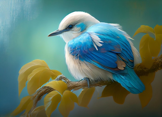 Un uccello blu e bianco si siede su un ramo con foglie.