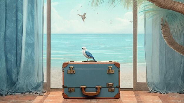 Un uccello blu e bianco si siede su una valigia su un tavolo.