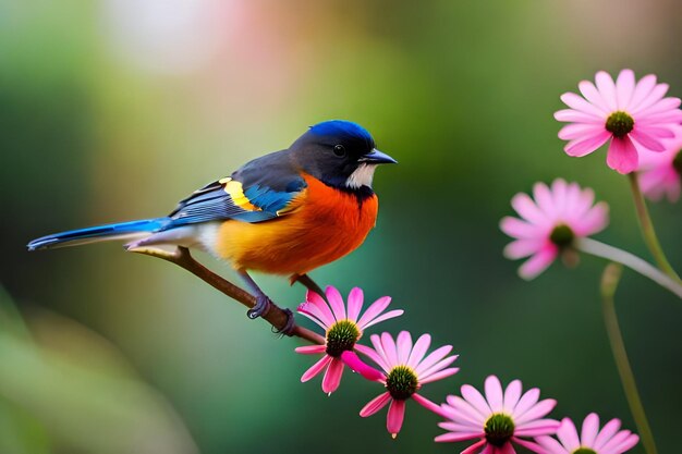 un uccello blu e giallo con il petto blu e arancione si siede su un fiore.