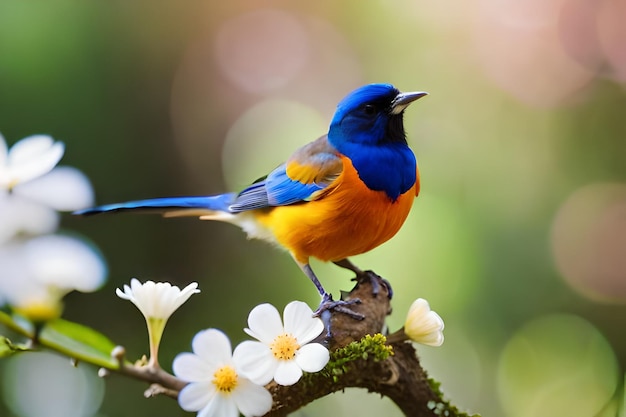 un uccello blu e giallo è seduto su un ramo con fiori bianchi.