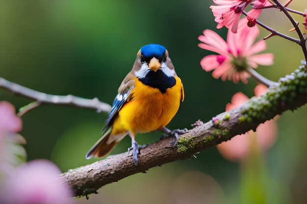 un uccello blu e giallo è seduto su un ramo con fiori rosa.