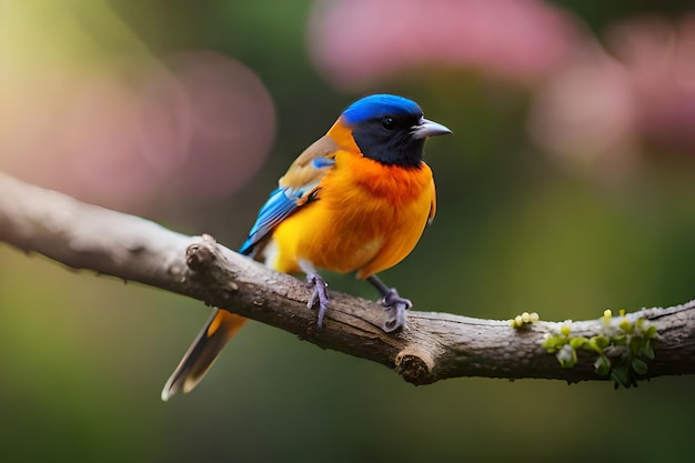 un uccello blu e giallo si siede su un ramo con fiori sullo sfondo.