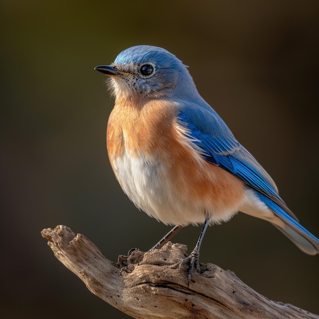 un uccello blu è seduto su un ramo con uno sfondo marrone.