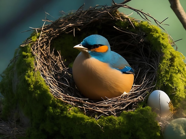 un uccello blu in un nido
