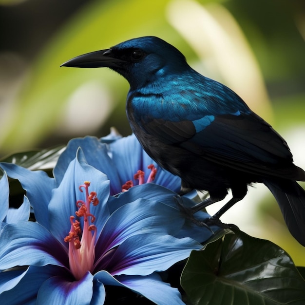 Un uccello blu si siede su un fiore con uno sfondo verde