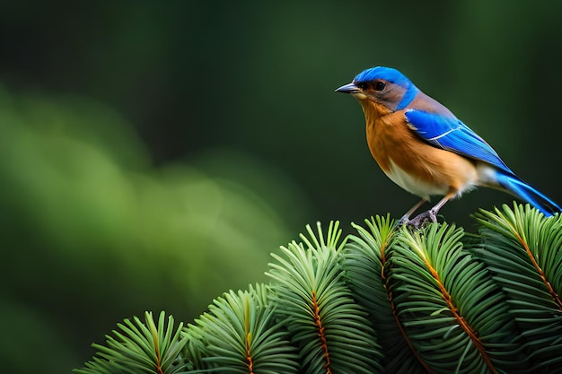 Un uccello blu si siede su un ramo di pino.