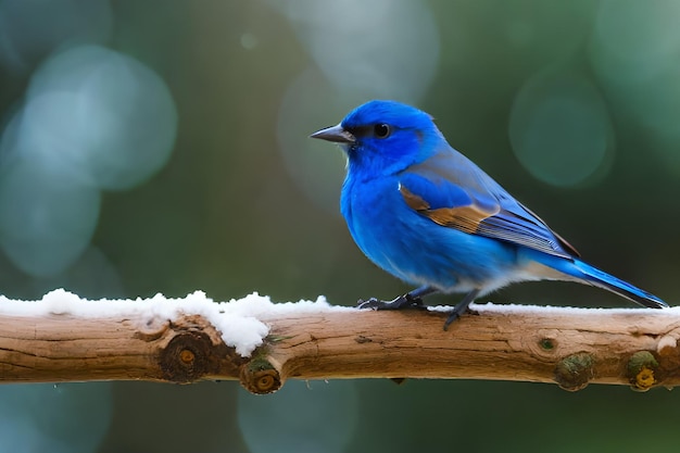 Un uccello blu si siede su un ramo nella neve.