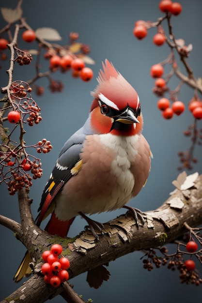 Un uccello boemo a ali di cera seduto su un ramo con foglie e fiori sullo sfondo naturale