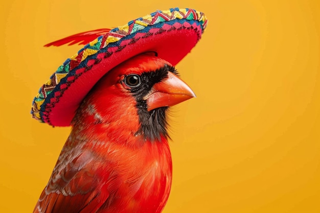 Un uccello cardinale vestito con un cappello sombrero messicano e abiti scattati in studio