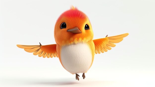 Un uccello carino con piume arancione brillante e un'espressione allegra ha le ali spalancate come se stesse per volare