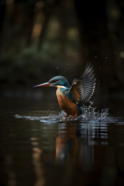 Un uccello che decolla in un fiume con le ali spiegate.