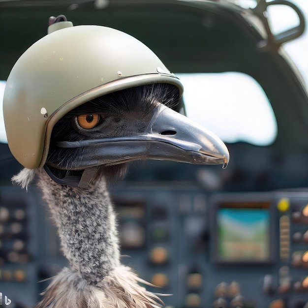 Un uccello che indossa un casco e un casco è seduto nella cabina di pilotaggio di un aereo.