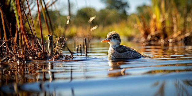 un uccello che nuota in acqua