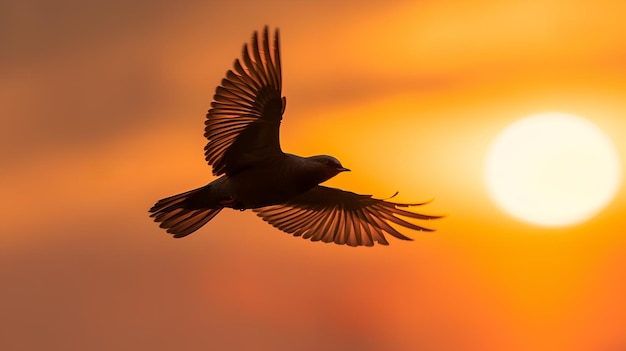 Un uccello che vola davanti a un tramonto