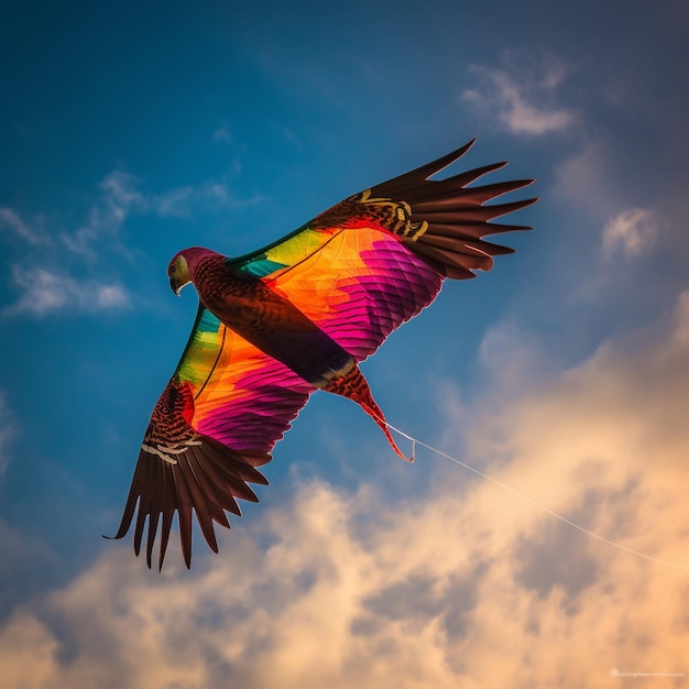 Un uccello che vola nel cielo con sopra la parola pappagallo