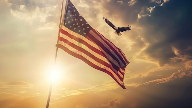 Un uccello che vola nel cielo con una bandiera americana sullo sfondo.