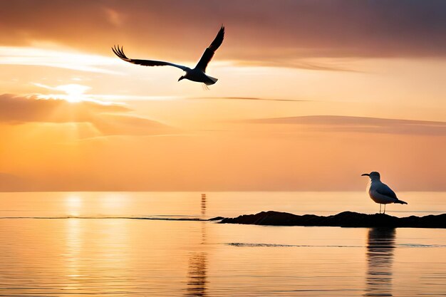 un uccello che vola sopra l'acqua con un tramonto sullo sfondo