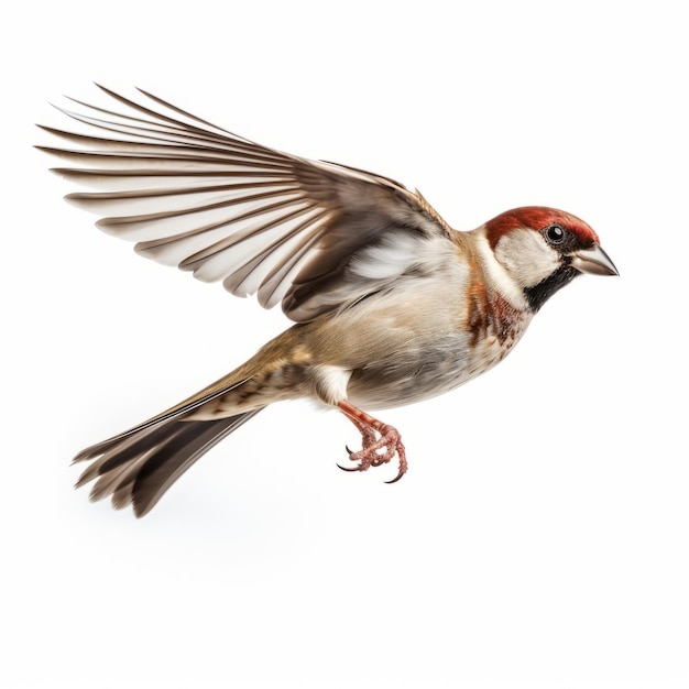 Un uccello colorato accattivante che vola in rosso scuro e beige chiaro