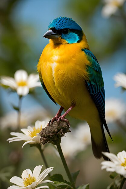 Un uccello colorato appoggiato su un fiore