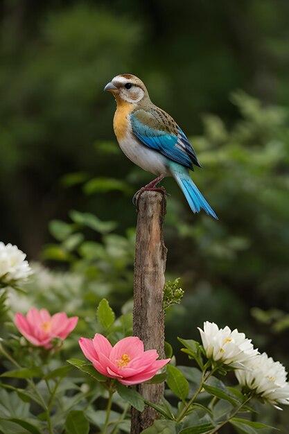 Un uccello colorato appoggiato su un fiore