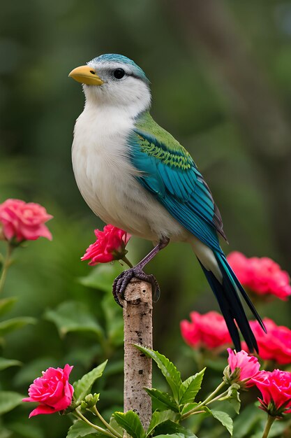 Un uccello colorato appoggiato su un fiore