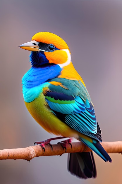 Un uccello colorato con ali gialle e verdi blu si siede su un ramo