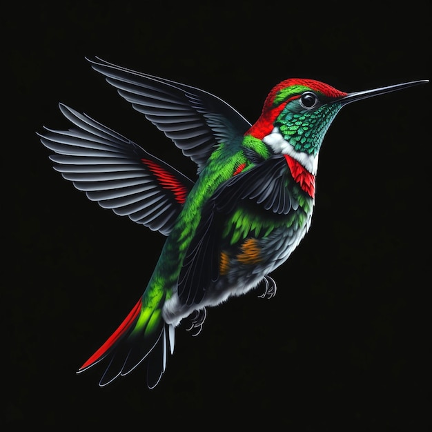 Un uccello colorato con ali rosse e verdi sta volando.