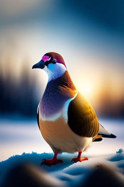 Un uccello colorato con gli occhi rossi si trova nella neve.