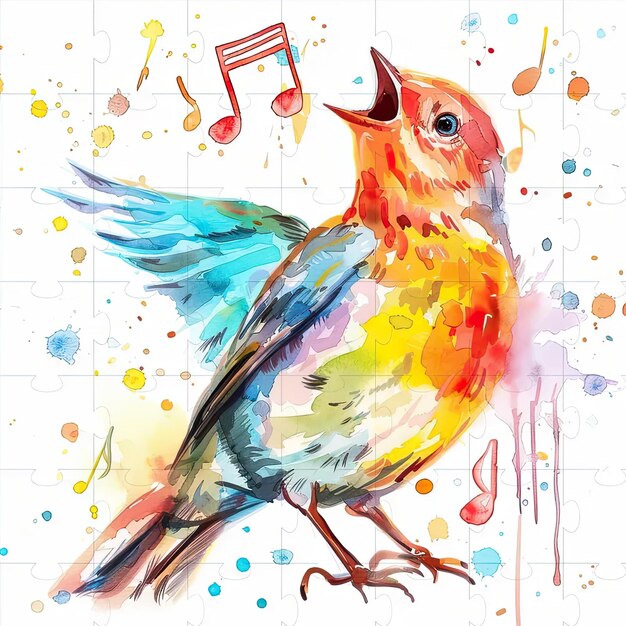 Un uccello colorato con note musicali su uno sfondo bianco