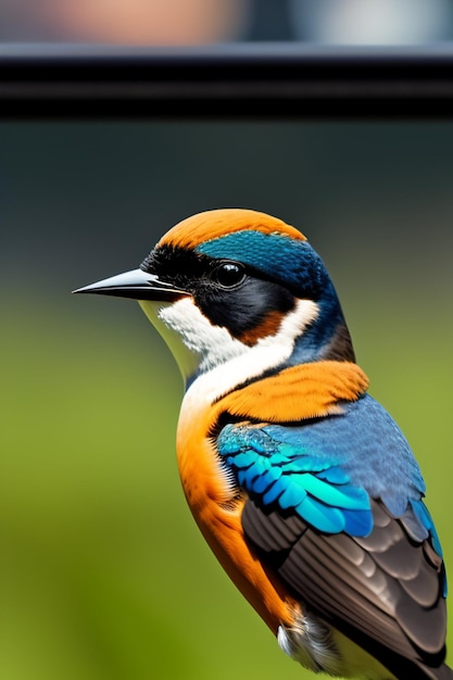 Un uccello colorato con piume blu, arancioni e nere è in piedi su uno sfondo verde.