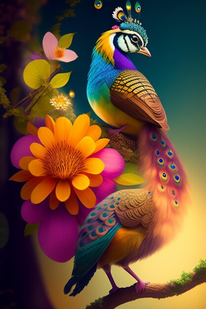 Un uccello colorato con sopra un fiore